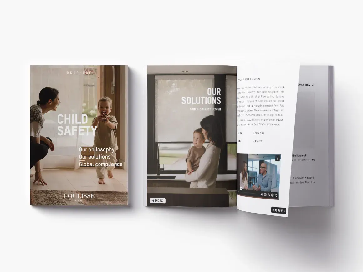 Coulisse Child Safety brochure — fanned open